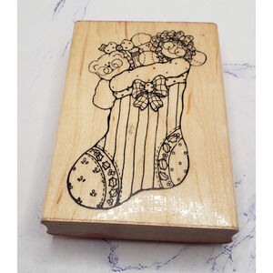 Christmas Stocking Filled With Toys DOTS Wood Mounted Rubber Stamp U132